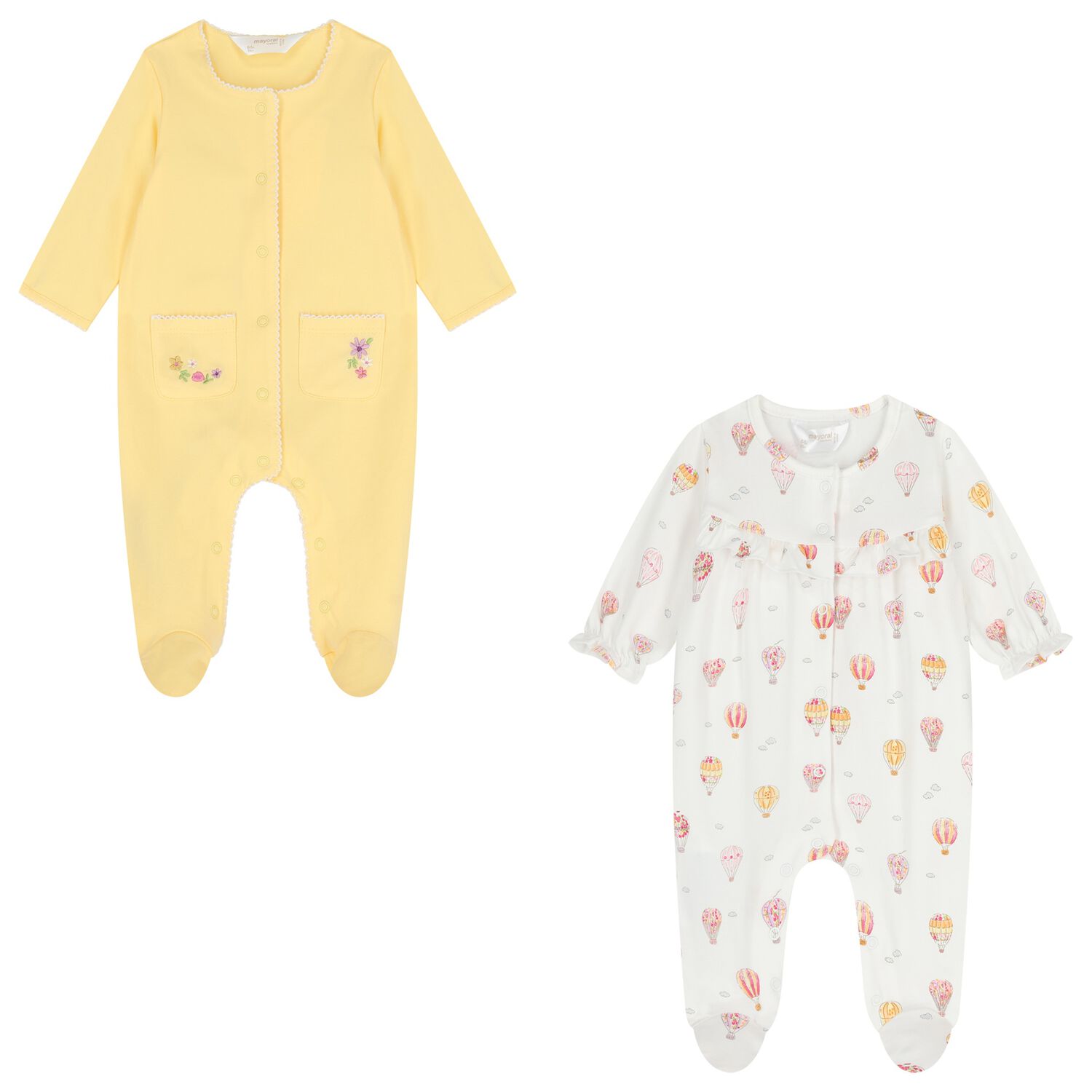 Baby Girls White & Yellow Hot Air Balloon Babygrow ( 2-Pack ), 1, hi-res