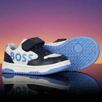 Boys Navy Blue, Blue & White Logo Trainers