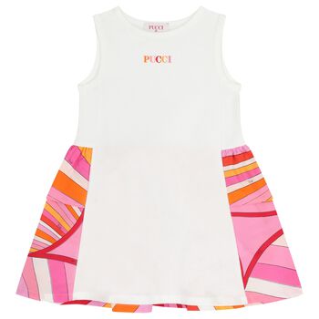 Girls White & Pink Logo Flared Dress 