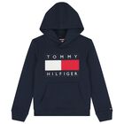 Boys Navy Blue Logo Hooded Top, 1, hi-res