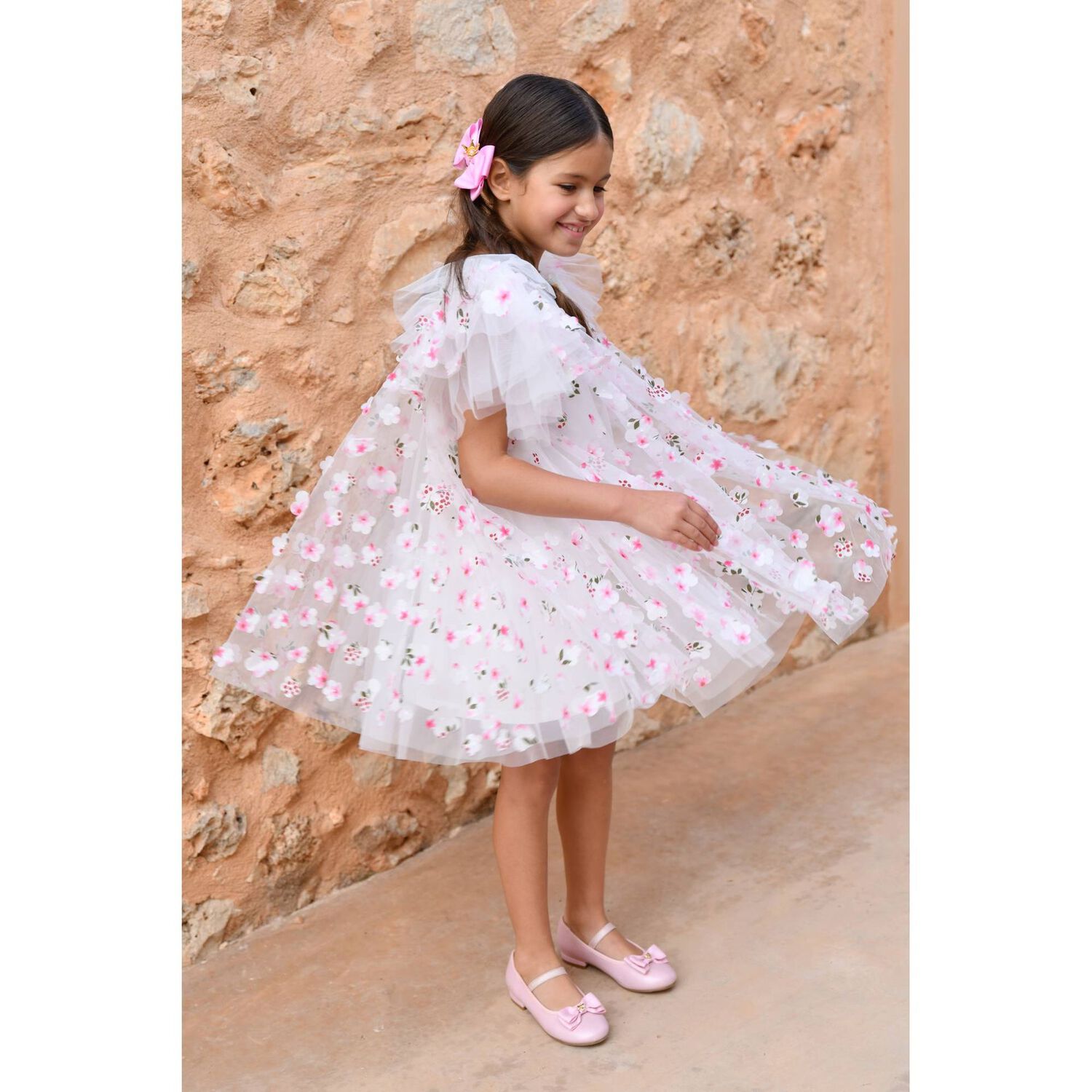 Girls White & Pink Tulle Flowers Dress, 4, hi-res