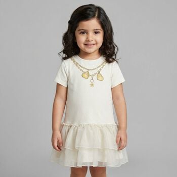 Younger Girls Ivory Necklace Logo Dress
