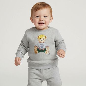 سويت شيرت بولو رمادي بطبعة دب للأولاد الصغار