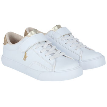 Girls White & Gold Logo Trainers
