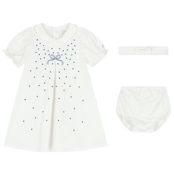 Baby Girls White & Blue Bow Dress Set