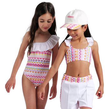 Girls White & Pink Zig Zag Swimsuit