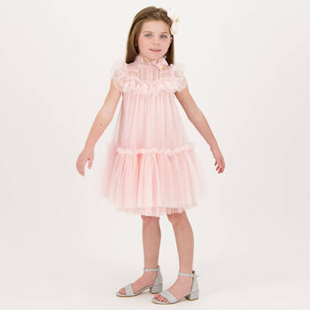 Girls Pink Dotted Tulle Dress