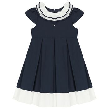 Girls Navy Blue Ruffled Collar Pleated Dress