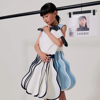 Girls White & Navy Blue Dress