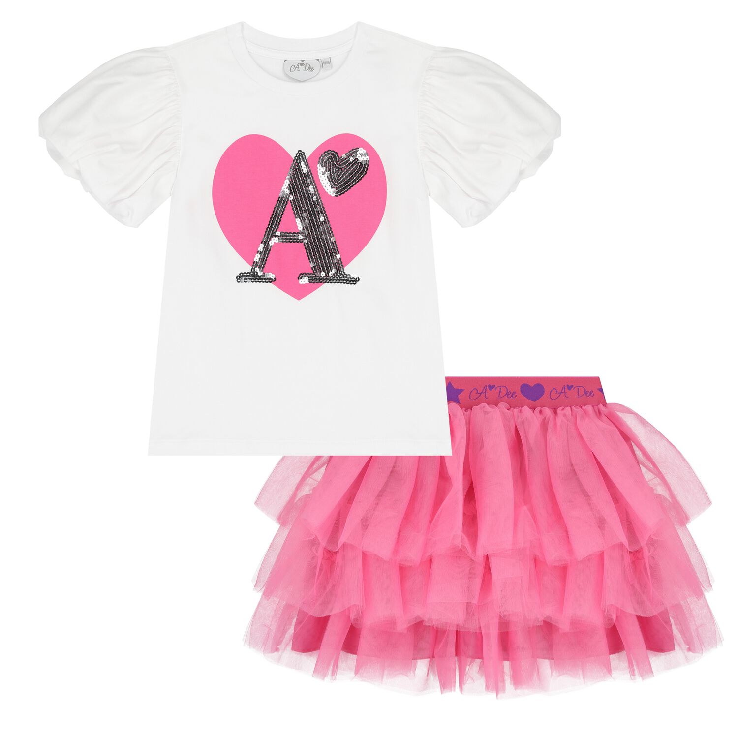 Girls White & Pink Heart Tulle Skirt Set, 1, hi-res image number null