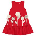 فستان بنات مزين بزهور باللون الاحمر , 1, hi-res