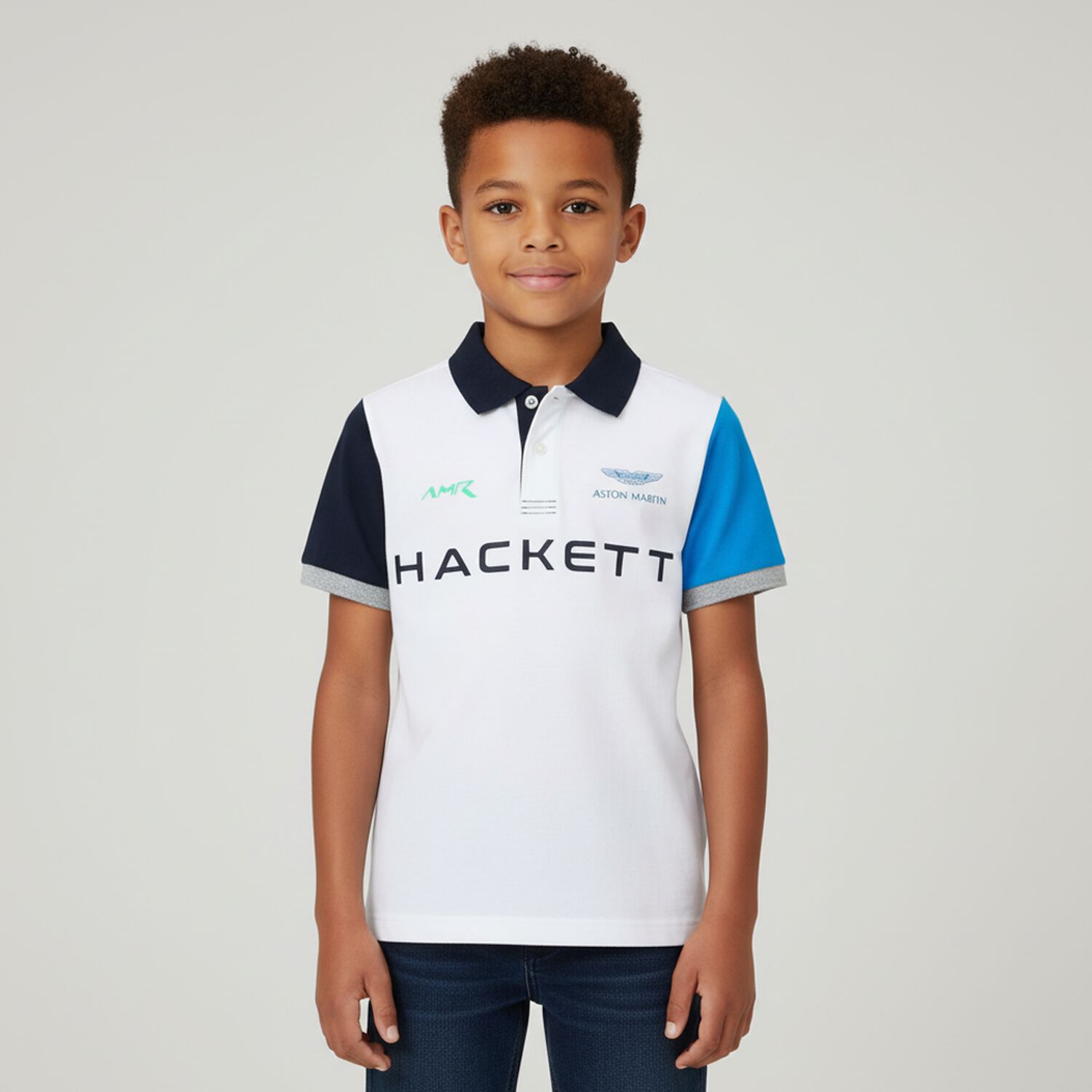 تيشيرت بولو بالشعار باللون الابيض والرمادي للاولاد, 1, hi-res