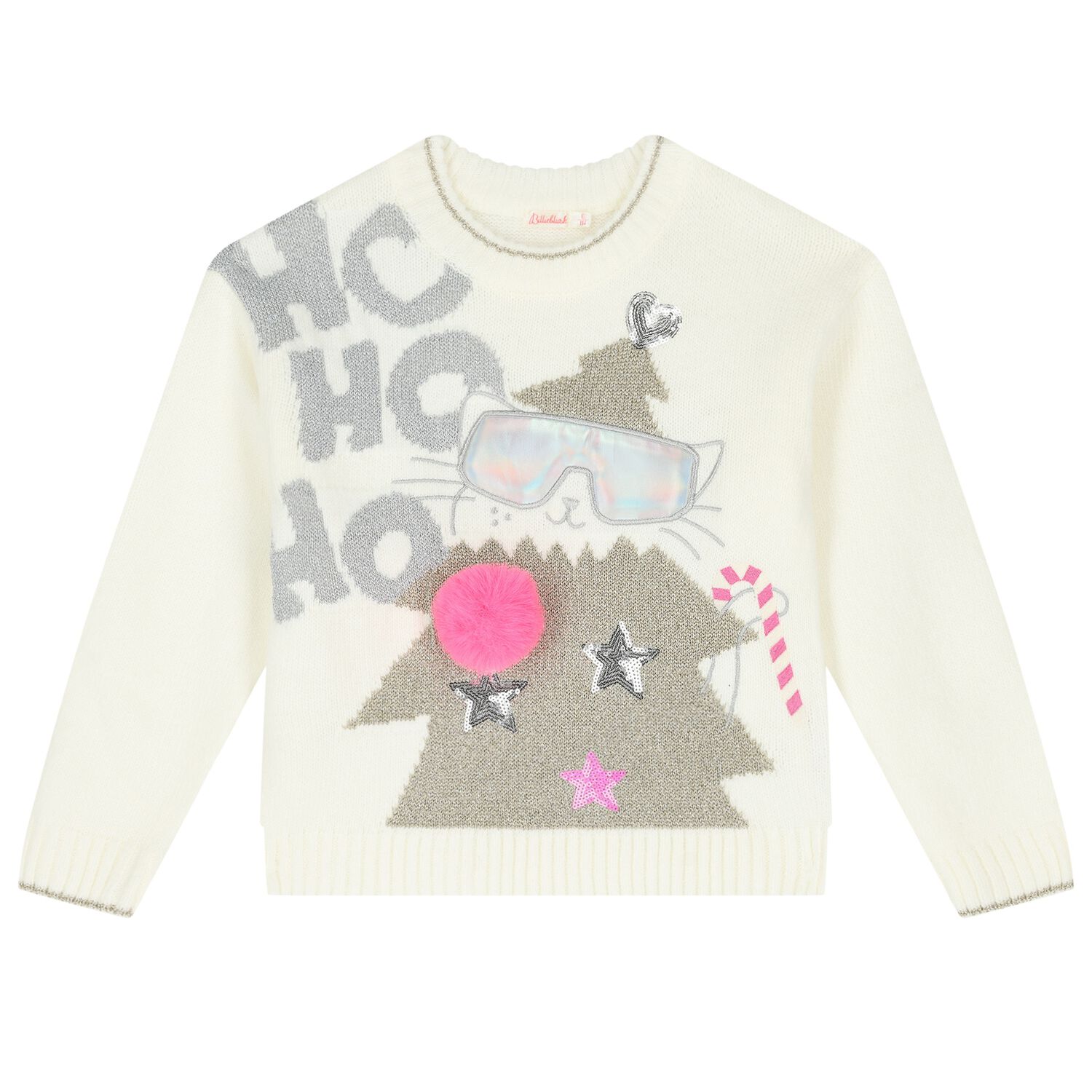 Girls Ivory & Gold Festive Christmas Tree Jumper, 1, hi-res