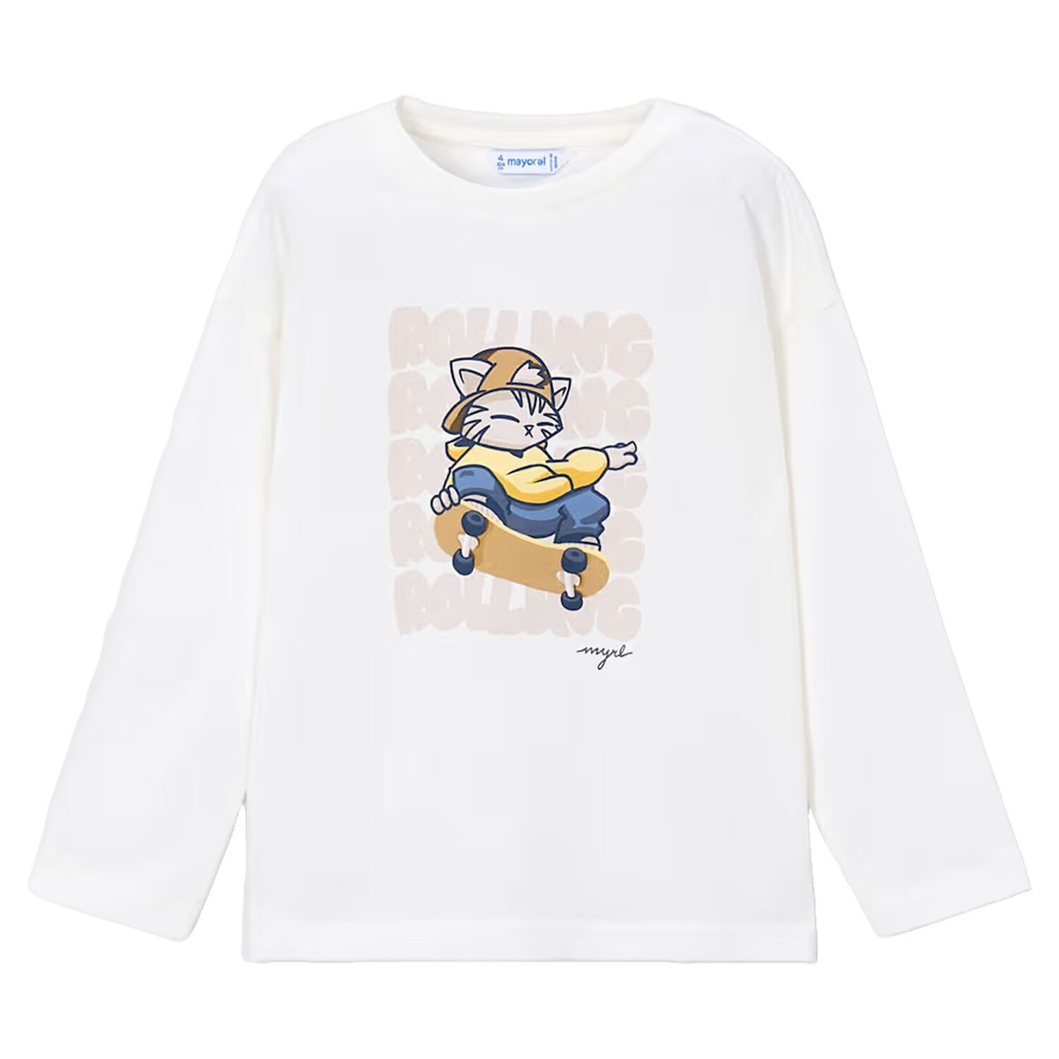 Boys Ivory Cat Long Sleeve Top, 2, hi-res