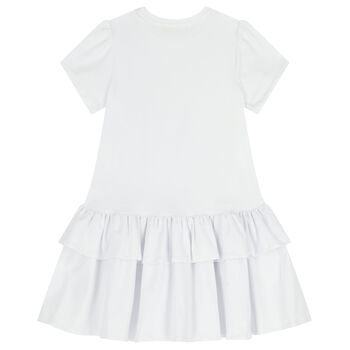 Girls White & Beige Bow Logo Dress