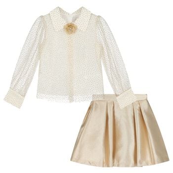 Girls Ivory & Gold Embellished Skirt Set