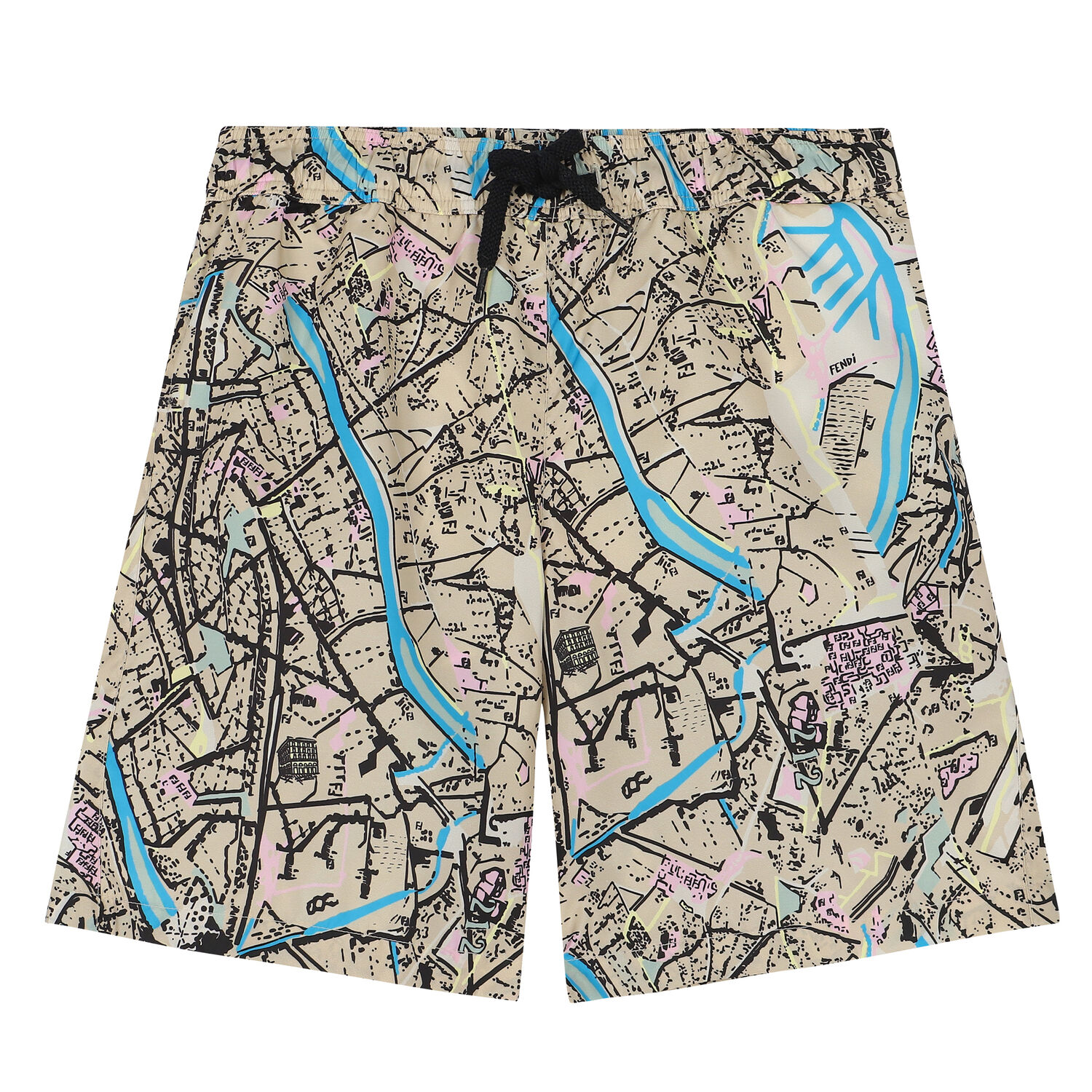 Boys Beige Abstract Swim Shorts, 1, hi-res