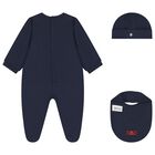 Baby Boys Navy Blue & Gold Babygrow, Hat & Bib Gift Set, 1, hi-res