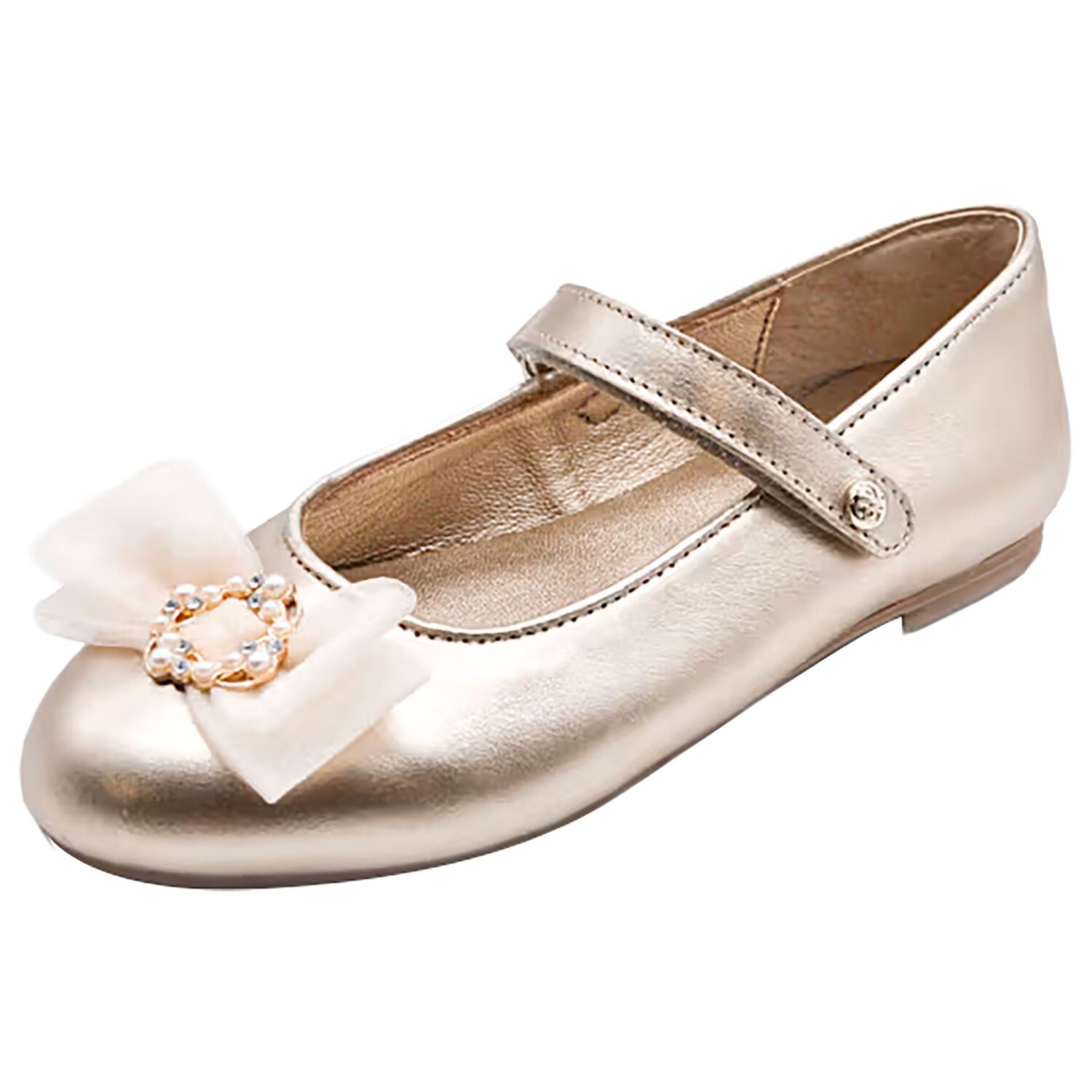 Girls Gold Leather Tulle Bow Shoes, 1, hi-res
