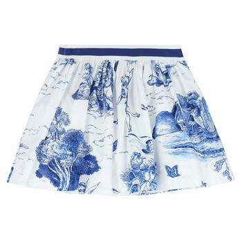 Girls White & Blue Printed Skirt
