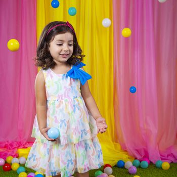 فستان تول مزين بفيونكة للبنات باللون العاجي 