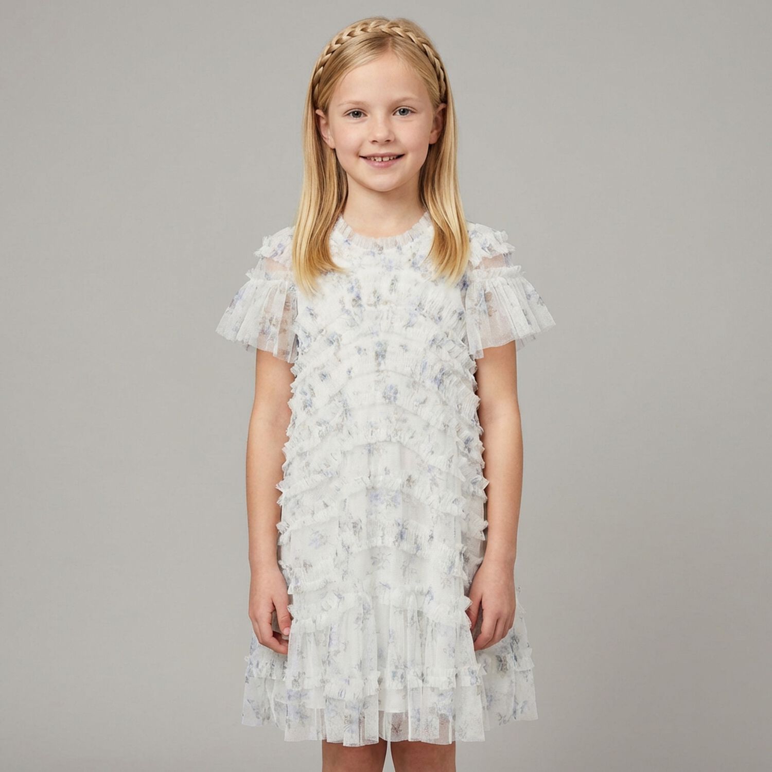 Girls White Floral Ruffled Tulle Dress, 1, hi-res