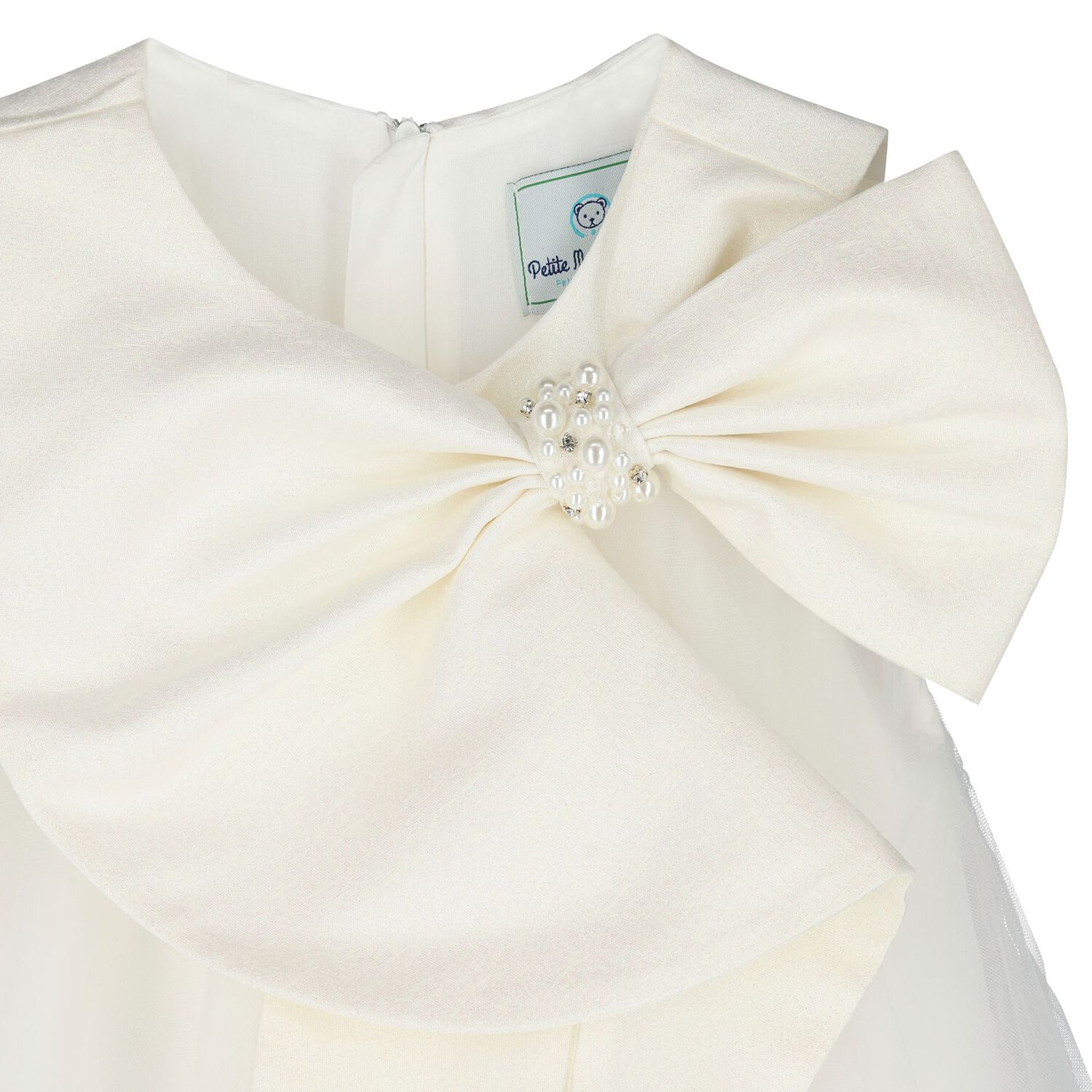 Girls White Glittery Bow Tulle Dress, 1, hi-res