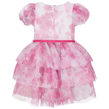 Girls White & Pink Tulle Floral Dress