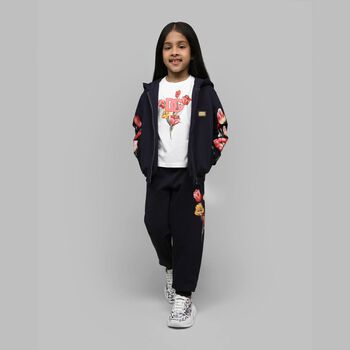 Girls Navy Blue Tulip & Logo Hooded Zip Up Top