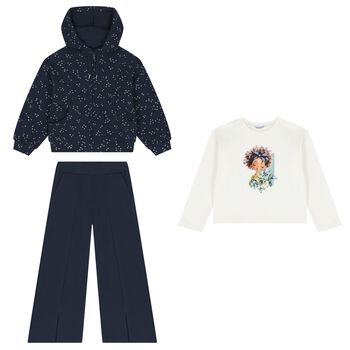 Girls White & Navy Blue Printed Tracksuit ( 3 Piece )
