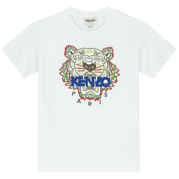 Boys White Embroidered Tiger Logo T-Shirt