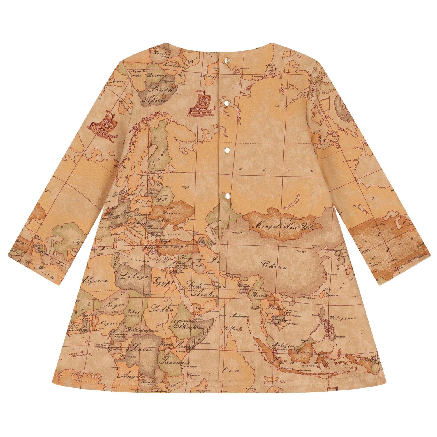Girls Beige Geo Map Bow Dress, 1, hi-res