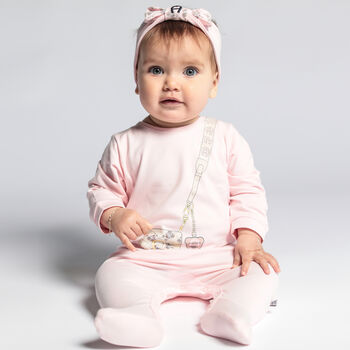 Baby Girls Pink Pima Cotton Logo Bag Babygrow