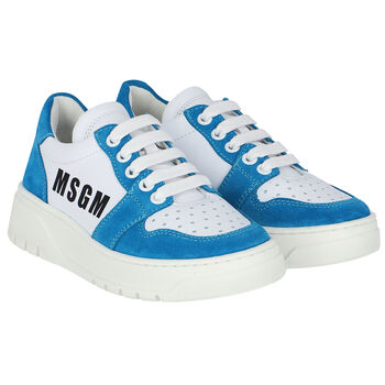 White & Blue Logo Trainers