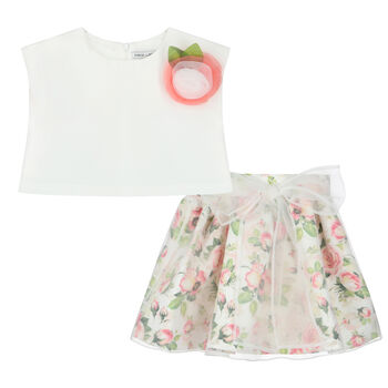 Girls Ivory & Pink Flower Skirt Set