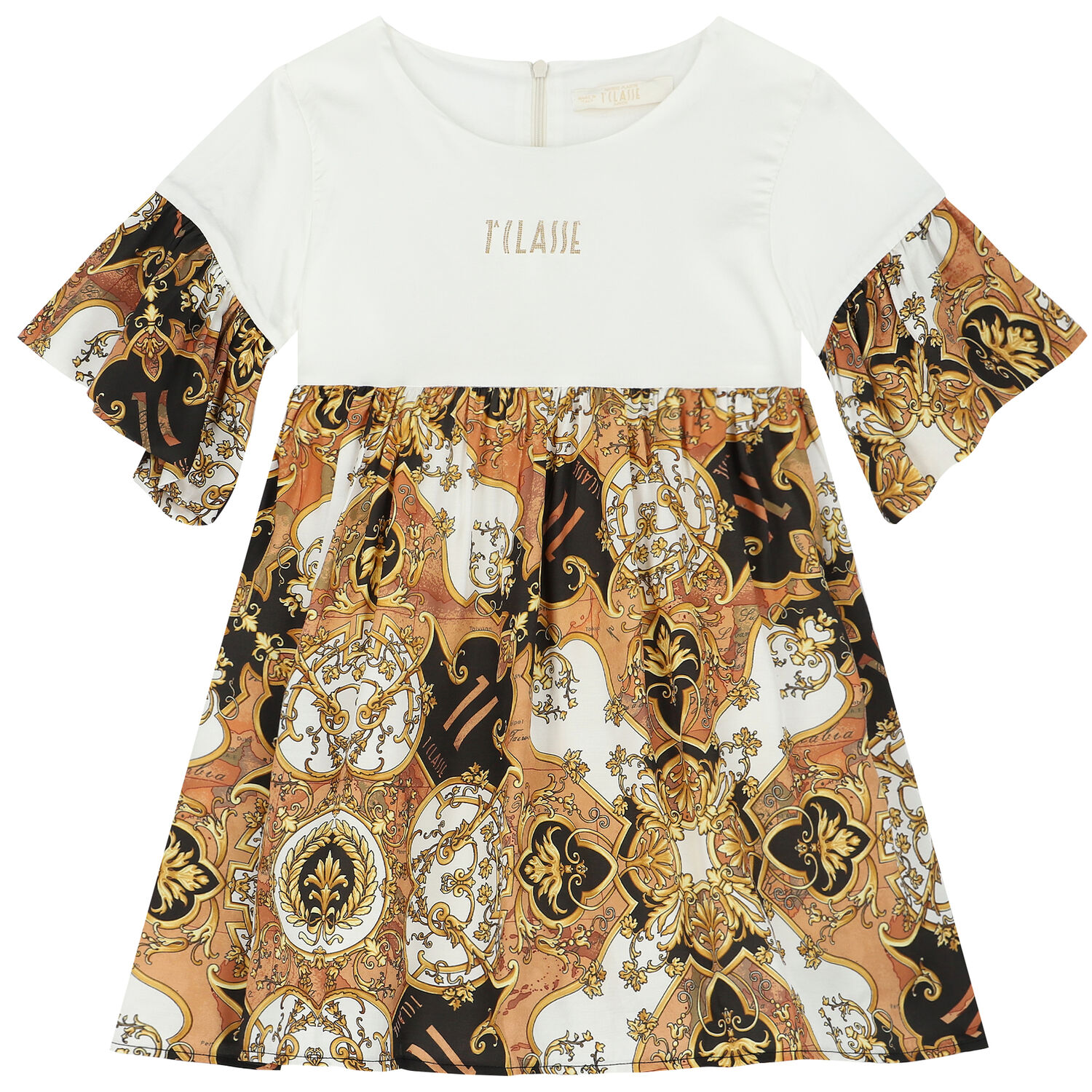 Girls White & Beige Logo Dress, 1, hi-res