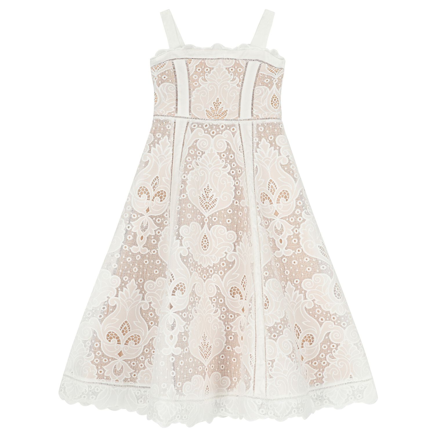 Girls White & Beige Lace Dress, 1, hi-res