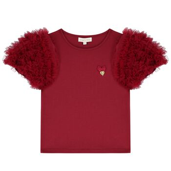 Girls Burgundy Tulle Sleeve T-Shirt