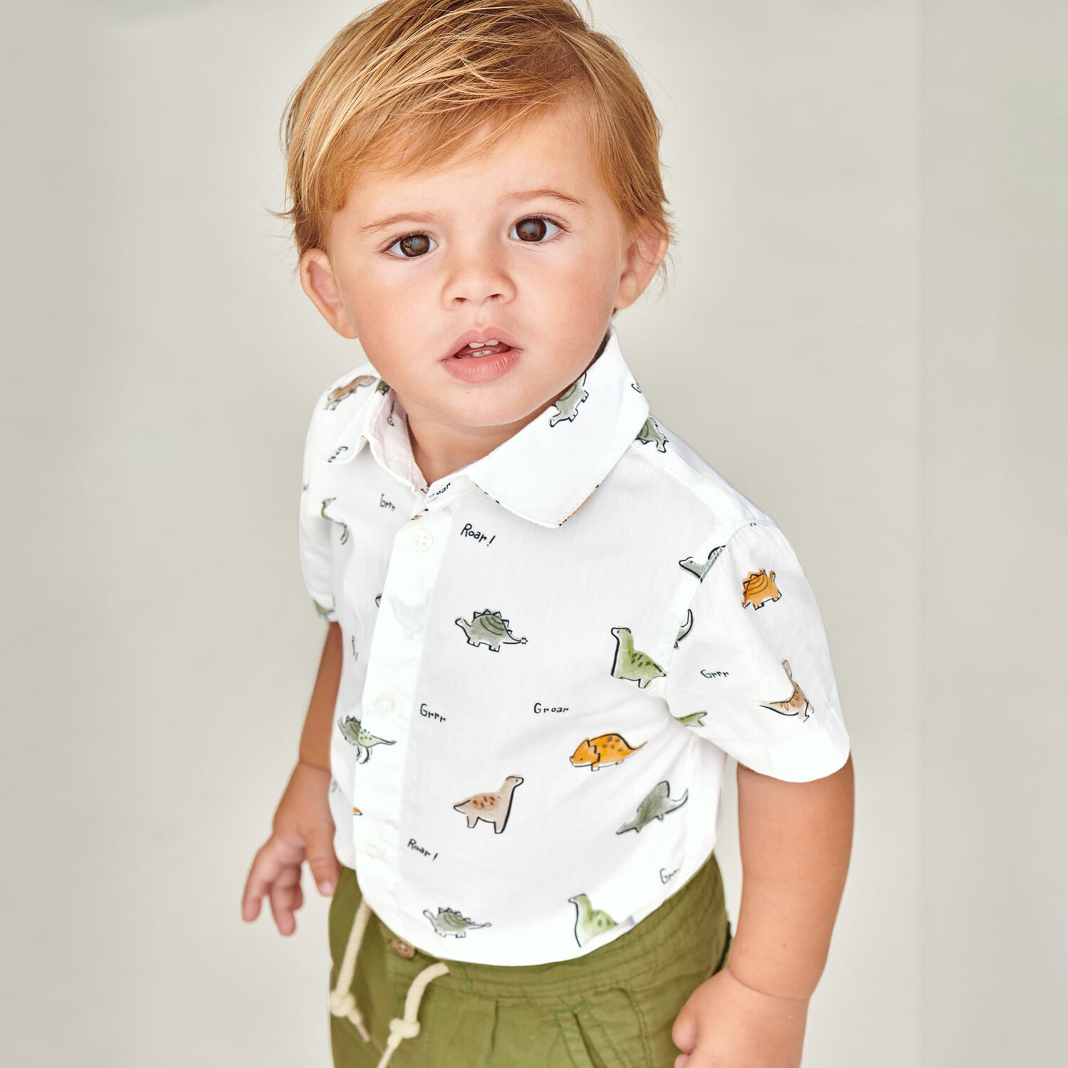 Younger Boys White Dinosaur Shirt, 1, hi-res