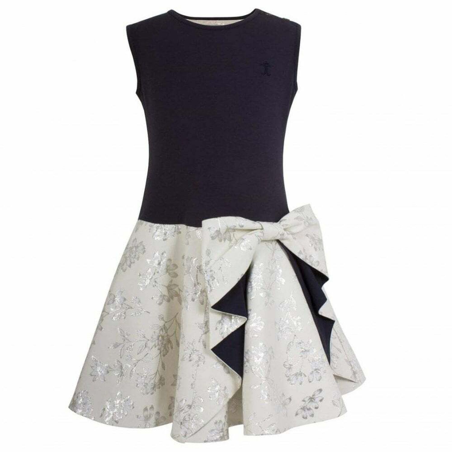 Girls Navy Blue & Ivory Jacquard Dress, 1, hi-res
