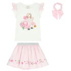 Girls White & Pink Striped Skirt Set, 1, hi-res