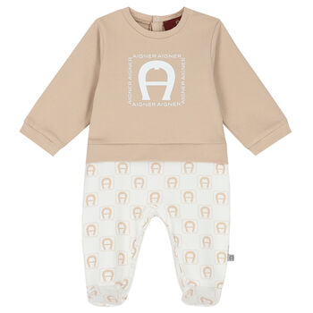 Beige & White Logo Babygrow