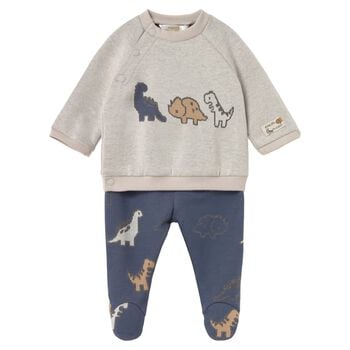 Baby Boys Grey & Blue Dinosaur 2 Piece Babygrow
