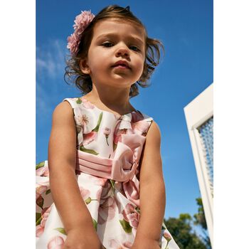 Younger Girls White Floral Satin Dress