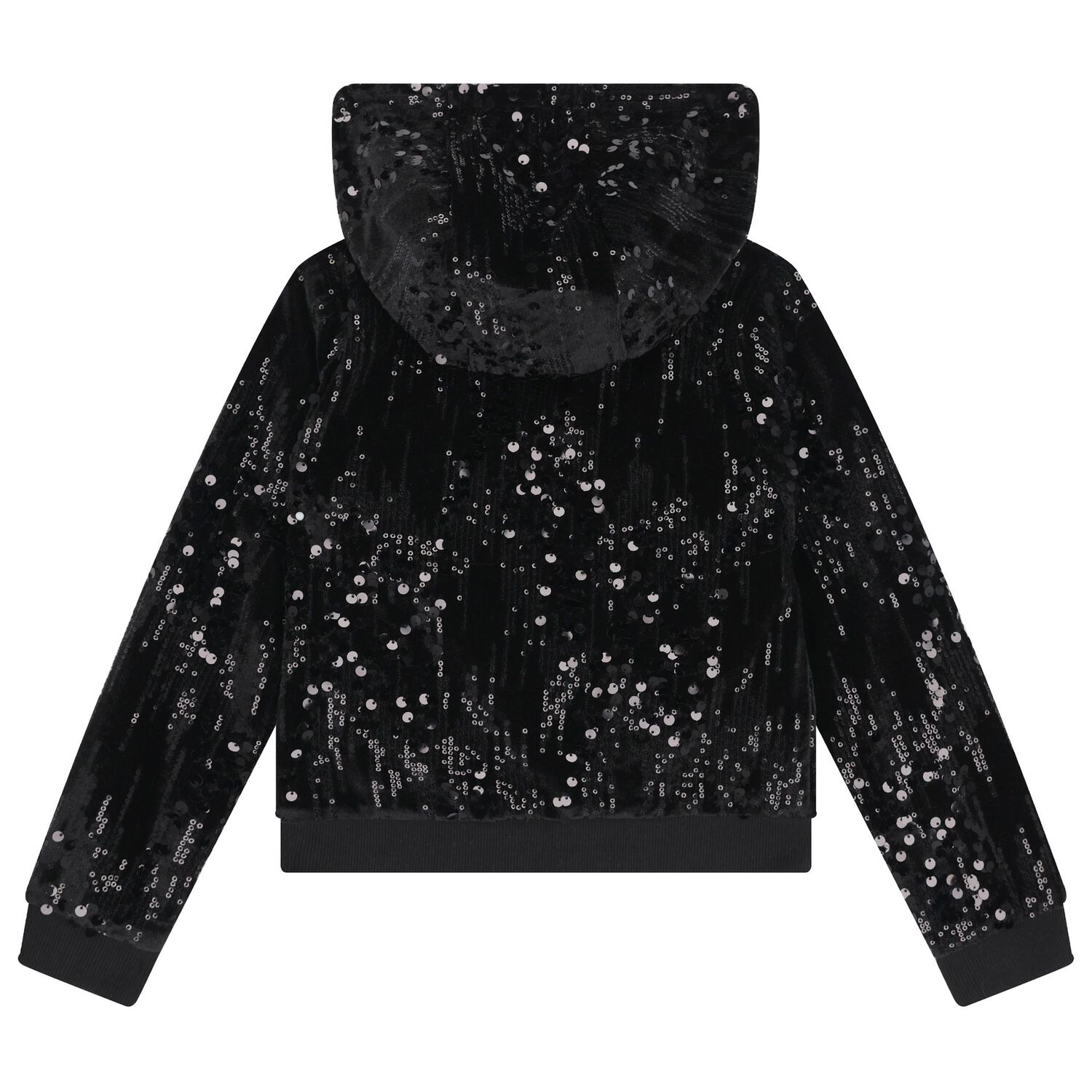 Girls Black Sequins Hooded Zip Up Top, 2, hi-res
