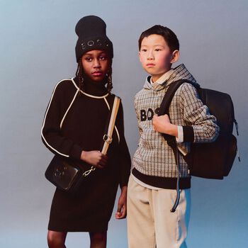 Boys Black, Beige & White Checked Logo Hooded Top