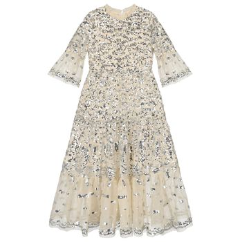 Girls Beige & Silver Sequin Maxi Dress
