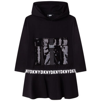 Girls Black Logo Sequin Hooded Dress