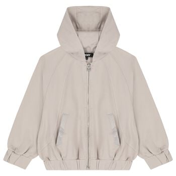 Girls Beige Embellished Hooded Zip Up Top