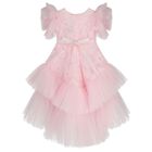 Girls Pink Floral Applique Tulle Dress, 1, hi-res